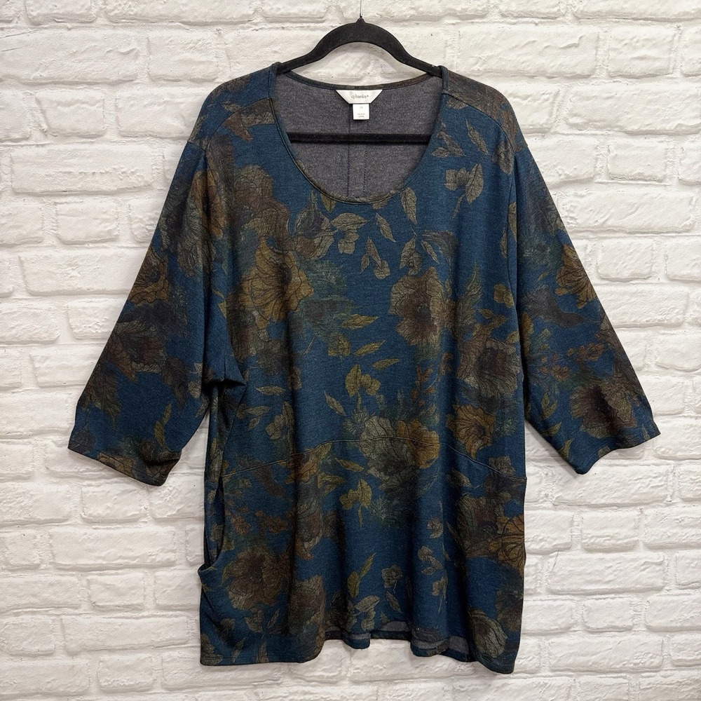 CJ Banks Woman's Sz 3X Tunic Sweater V Neck Dark Teal Floral Artsy Pocket Pouch